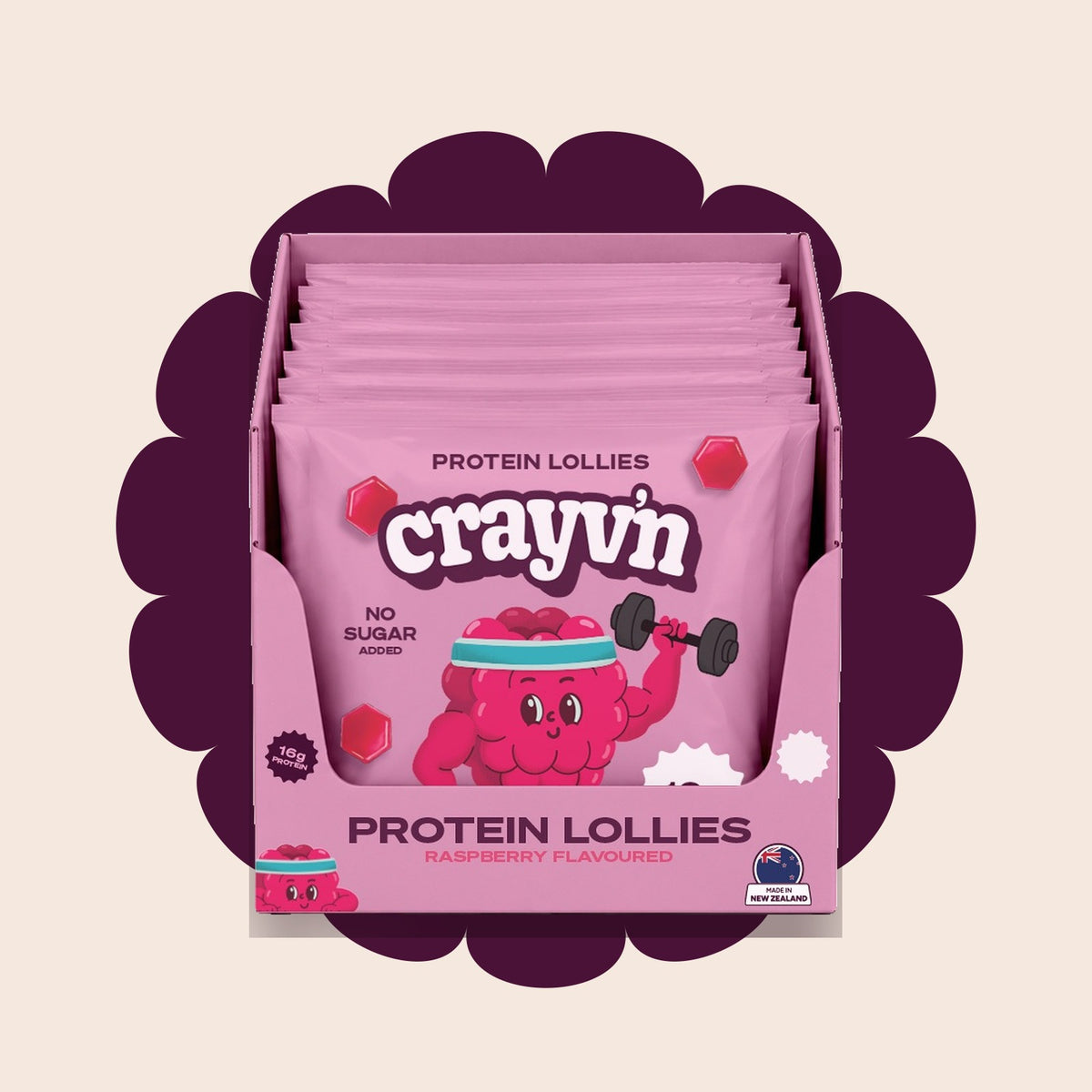 Crayv'n raspberry protein lollies display box holding twelve 50g bags, 12 pack