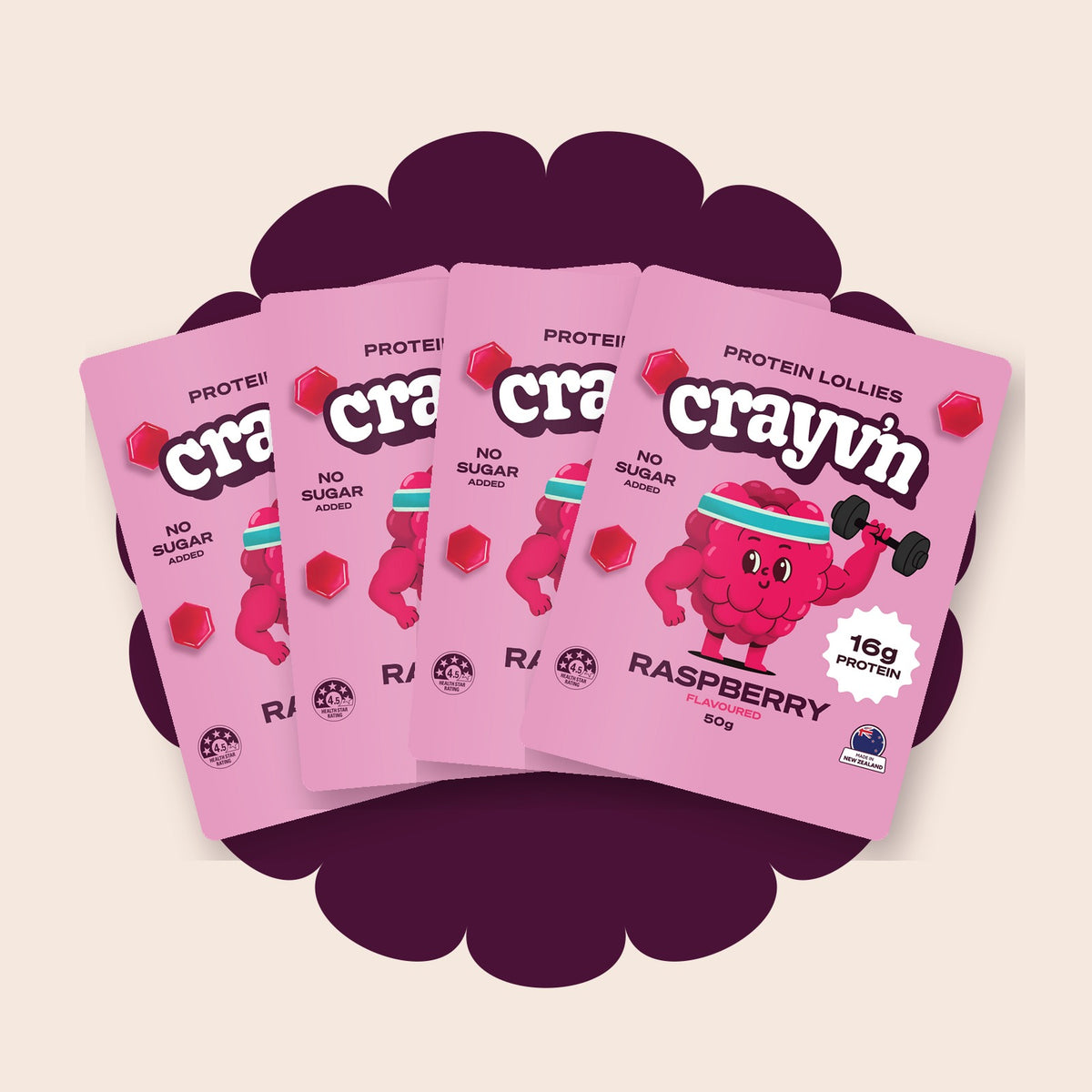 Four packets of Crayv'n raspberry protein lollies, 4 pack