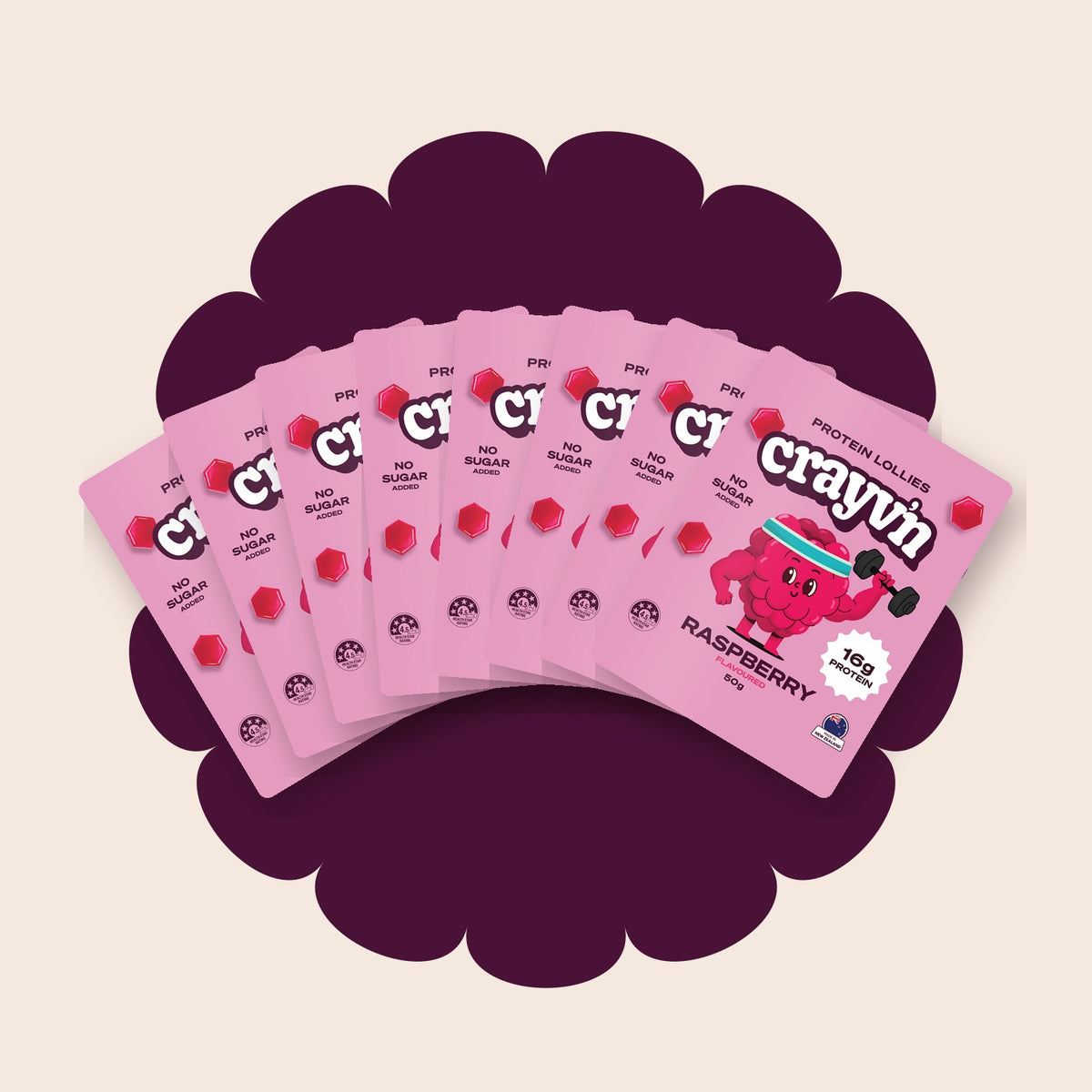 Eight packets of Crayv'n raspberry protein lollies, 8 pack