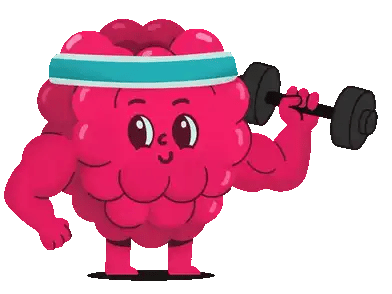 Raspberry character pressing a dumbbell overhead